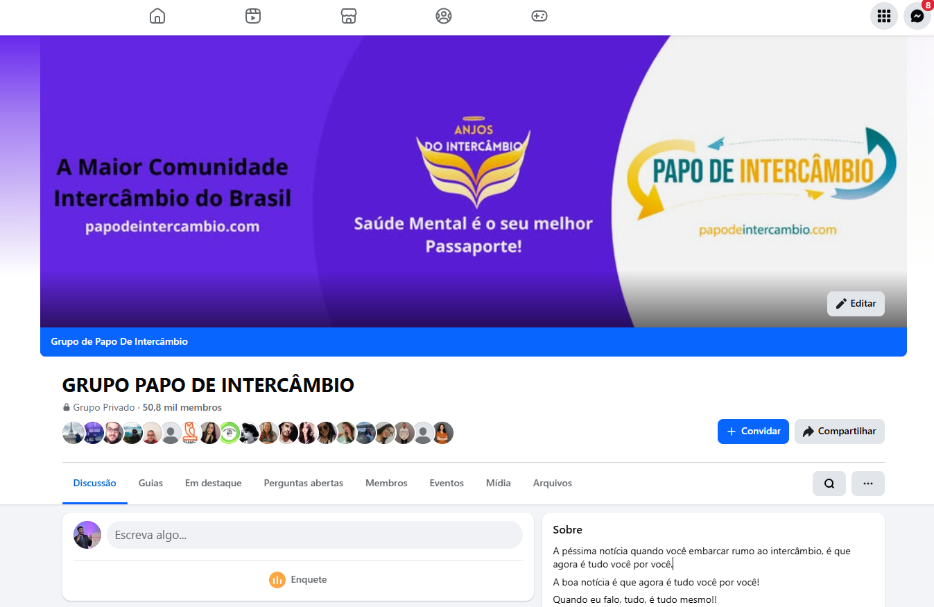 Grupo Papo de Intercâmbio no Facebook com 50,8 mil membros